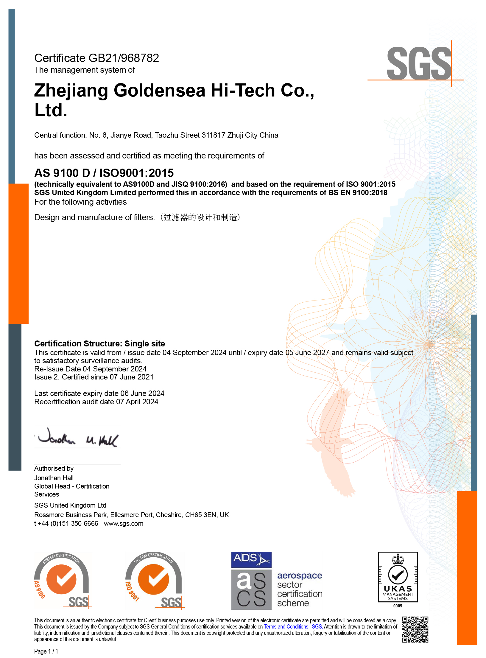 AS9100 D: 2016 Quality Systems-Aerospace-Model for Quality Assurance in Design, Development, Production, Installation and Servicint